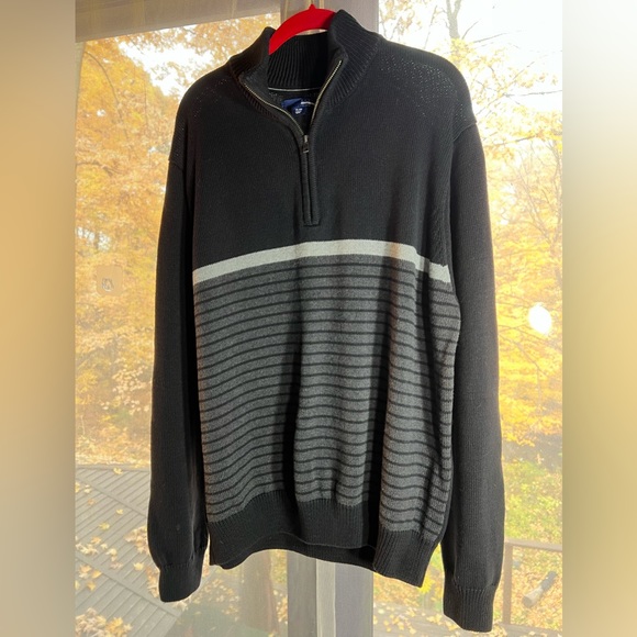 Basic Edition black sweater with dark and light gray stripes. Turtleneck zipper - Picture 5 of 7